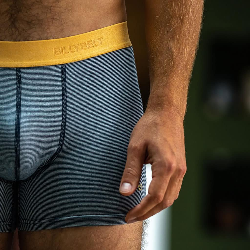 un boxer en coton biologique "Navy Stripes" Billybelt, zoom sur le motif