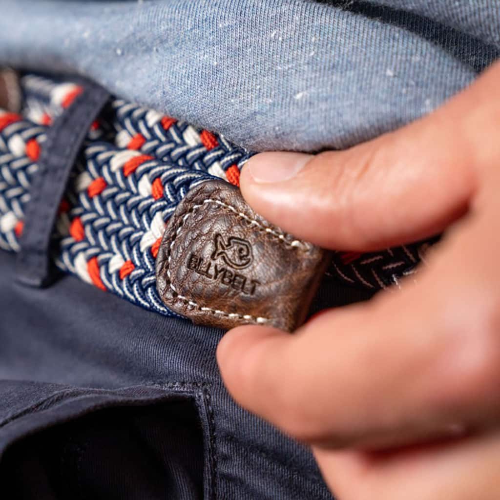 une ceinture élastique tressée "Frenchie" Billybelt, zoom sur le cuir