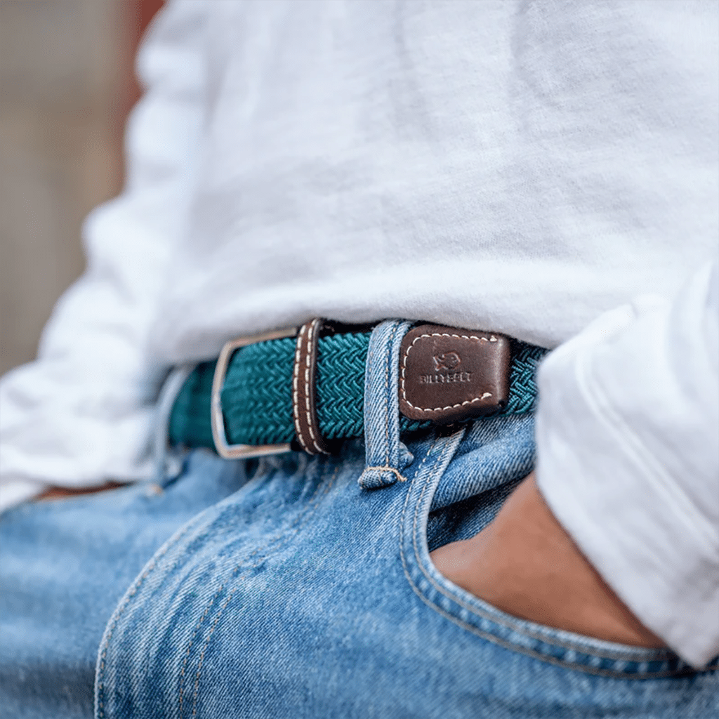 une ceinture élastique tressée bleu caraïbe Billybelt, vue de côté