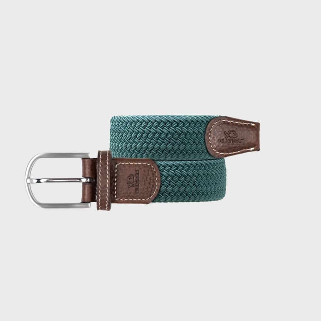 une ceinture élastique tressée pin vert Billybelt, vue de face sur fond blanc