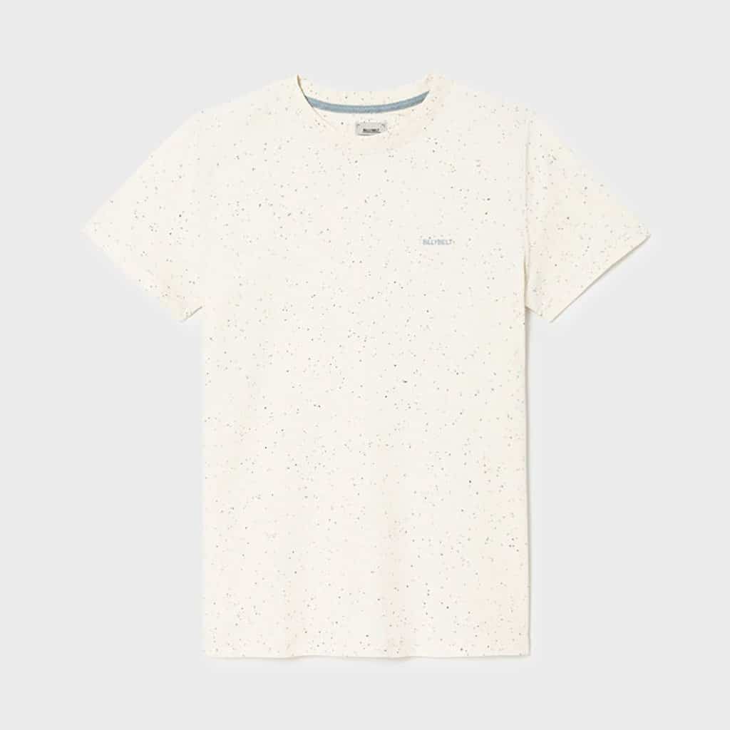un t-shirt en coton biologique beige moucheté Billybelt, vue de face sur fond blanc