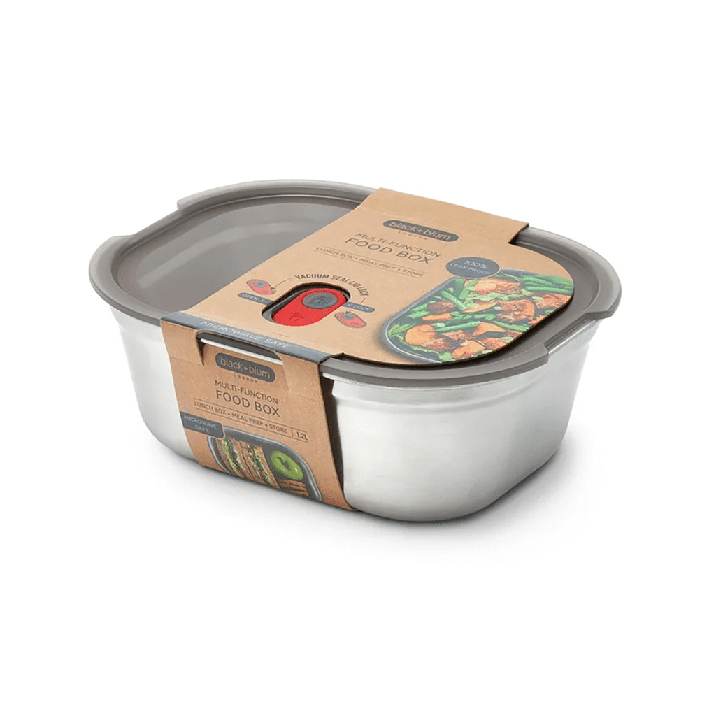 une boîte repas 1.2L acier inoxydable Black+Blum, vue de face sur fond blanc