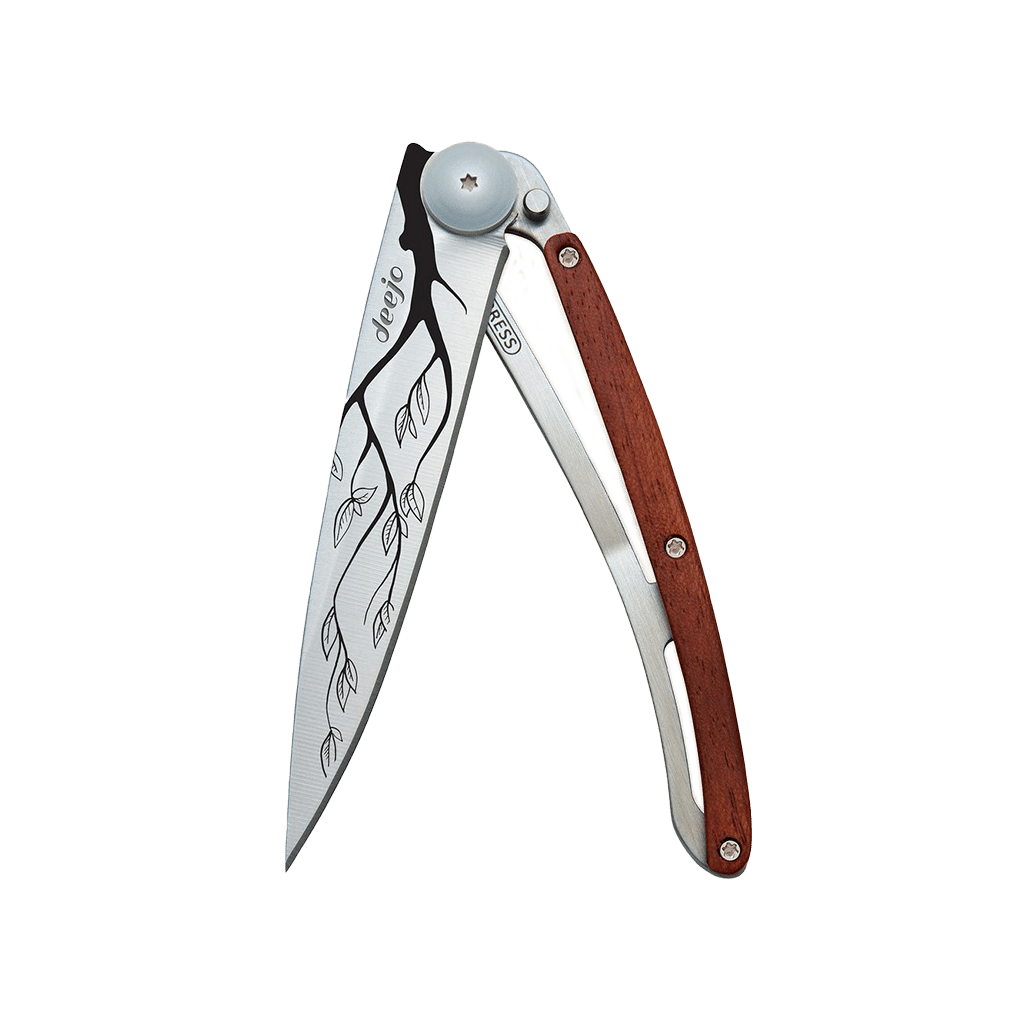 Couteau de poche titane 37g - Bois corail - Arbre, Deejo, vue de face sur fond blanc