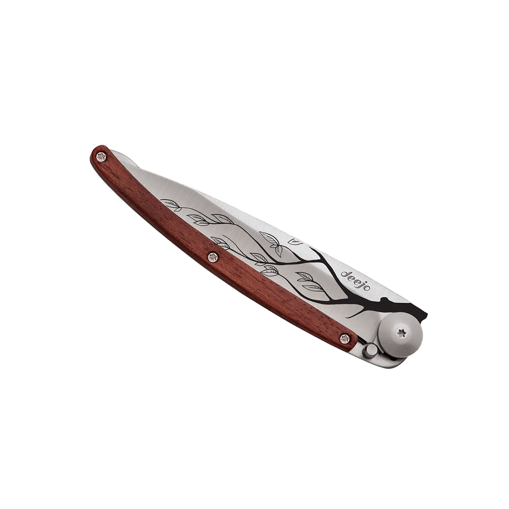 Couteau de poche titane 37g - Bois corail - Arbre, Deejo, vue de face sur fond blanc