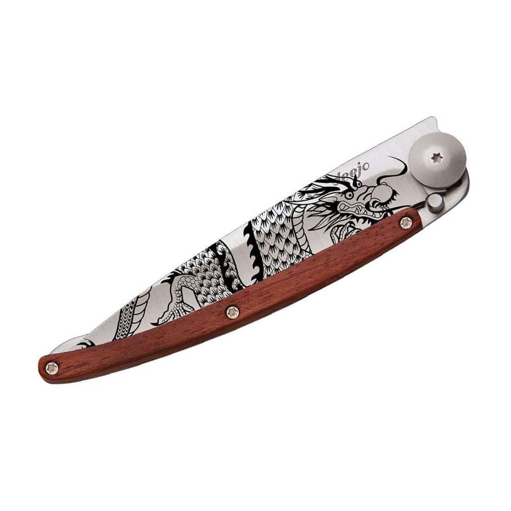 Couteau de poche titane 37g - Bois corail - Dragon chinois, Deejo, vue de face sur fond blanc