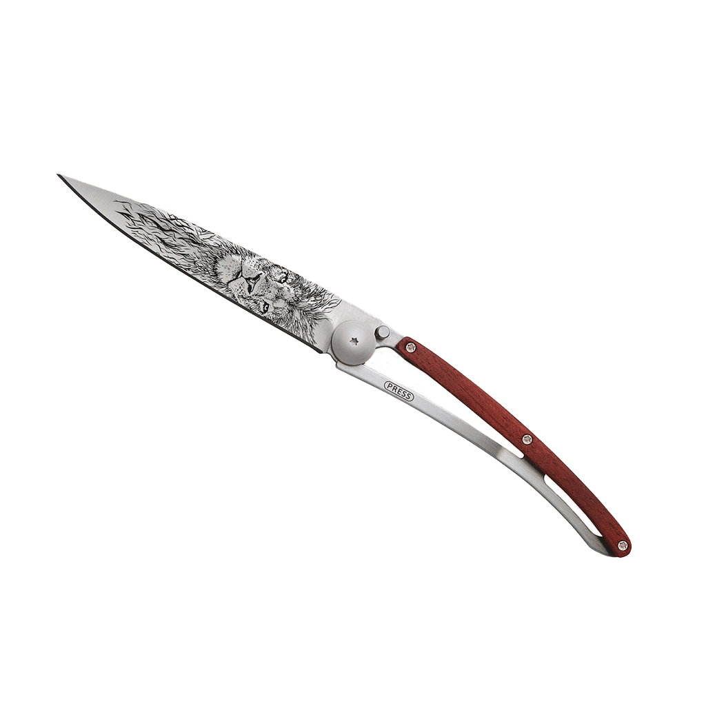 Couteau de poche titane 37g - Bois corail - Lion, Deejo, vue de face sur fond blanc