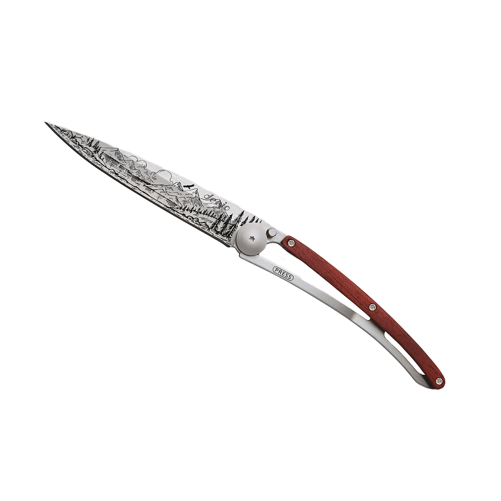 Couteau de poche titane 37g - Bois corail - Montagne, Deejo, vue de face sur fond blanc