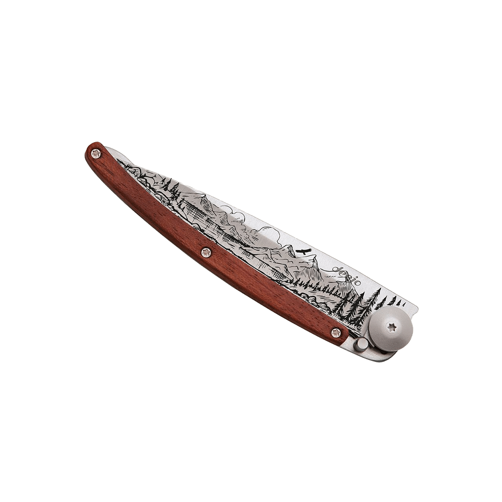 Couteau de poche titane 37g - Bois corail - Montagne, Deejo, vue de face sur fond blanc