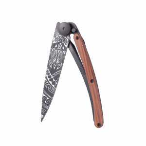 Couteau de poche titane 37g - Bois corail - Polynésien, Deejo, vu de face sur fond blanc