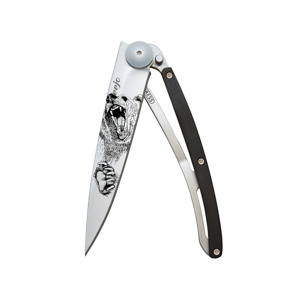 Couteau de poche titane 37g - Ébène - Grizzli, Deejo, vue de face sur fond blanc