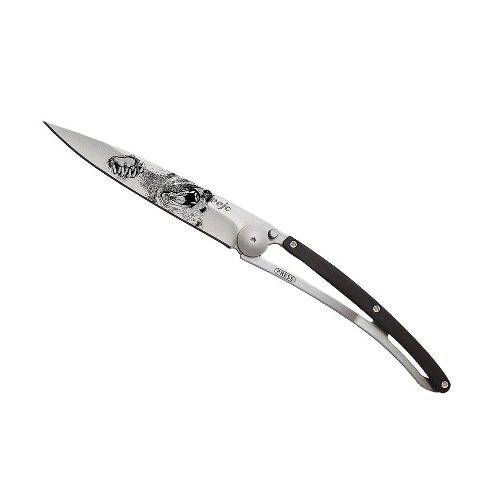 Couteau de poche titane 37g - Ébène - Grizzli, Deejo, vue de face sur fond blanc