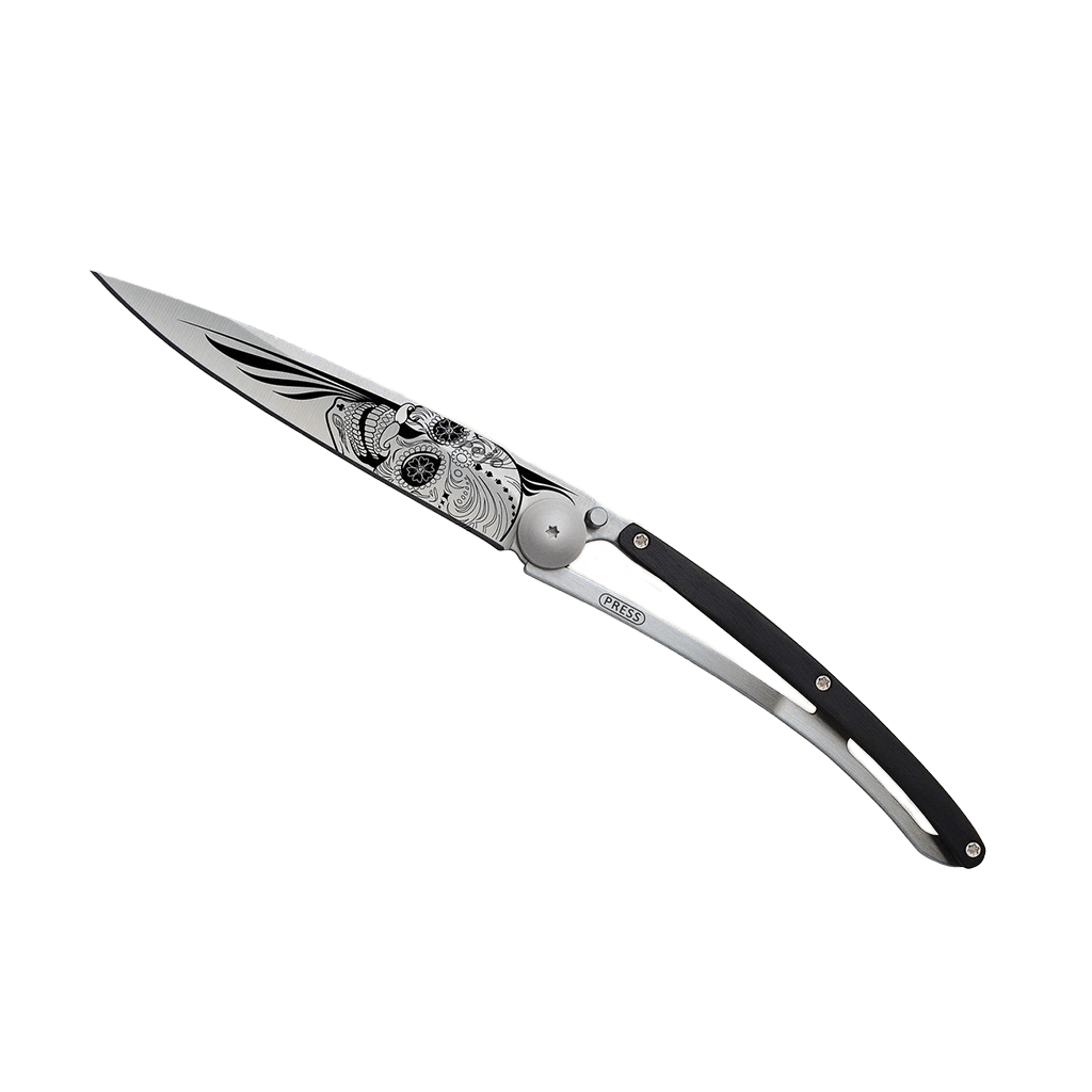 Couteau de poche titane 37g - Ébène - Latino skull, Deejo, vue de face sur fond blanc
