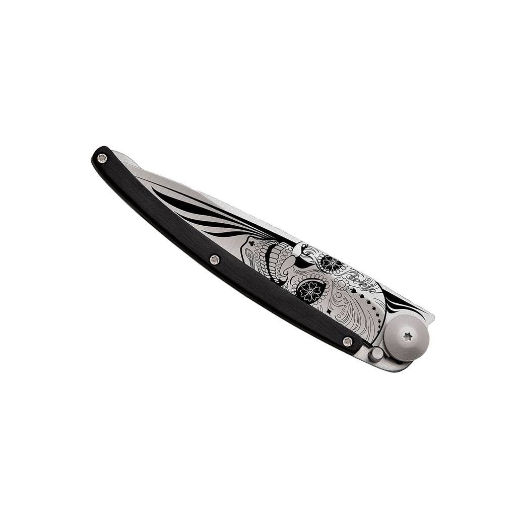 Couteau de poche titane 37g - Ébène - Latino skull, Deejo, vue de face sur fond blanc