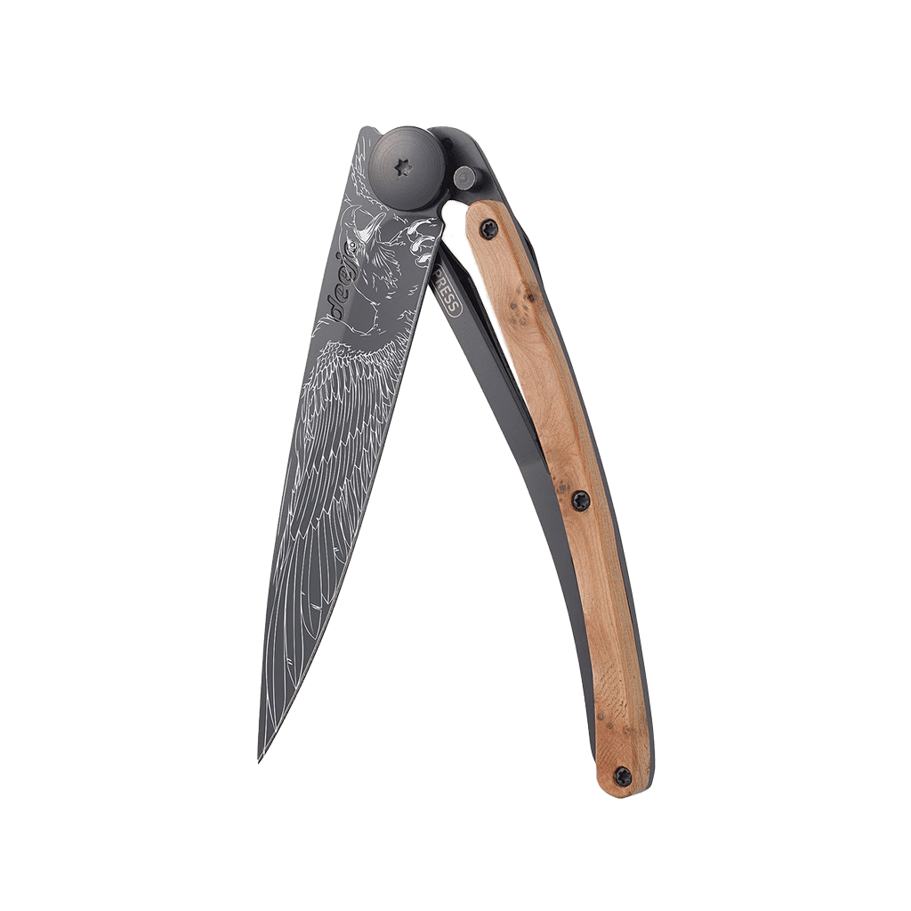 Couteau de poche titane 37g - Genévrier - Aigle, Deejo, vue de face sur fond blanc