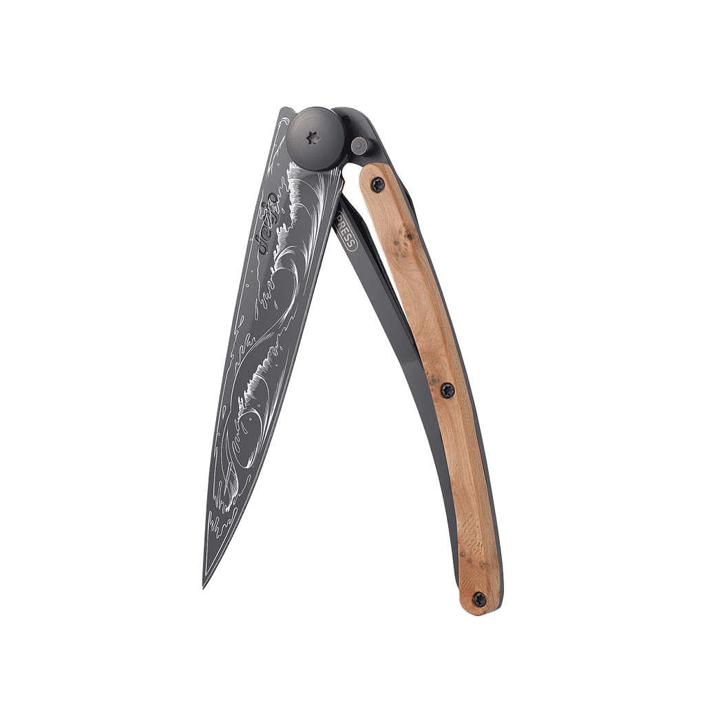 Couteau de poche titane 37g - Genévrier - Vague, Deejo, vue de face sur fond blanc