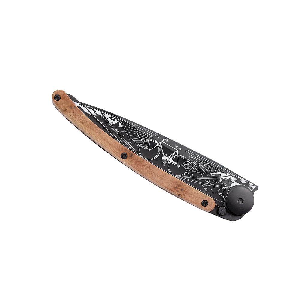Couteau de poche titane 37g - Genévrier - Vélo, Deejo, vue de face sur fond blanc