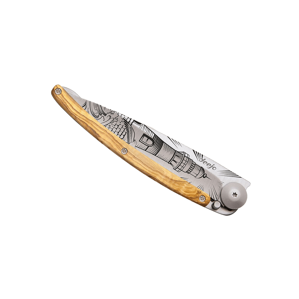 Couteau de poche titane 37g - Olivier - Phare, Deejo, vue de face sur fond blanc