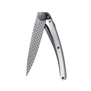 Couteau de poche black aluminium 37g - Gris clair - Quadratique, Deejo, vue de face sur fond blanc