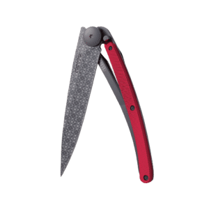 Couteau de poche black aluminium 37g - Rouge - Frise, Deejo, vue de face sur fond blanc