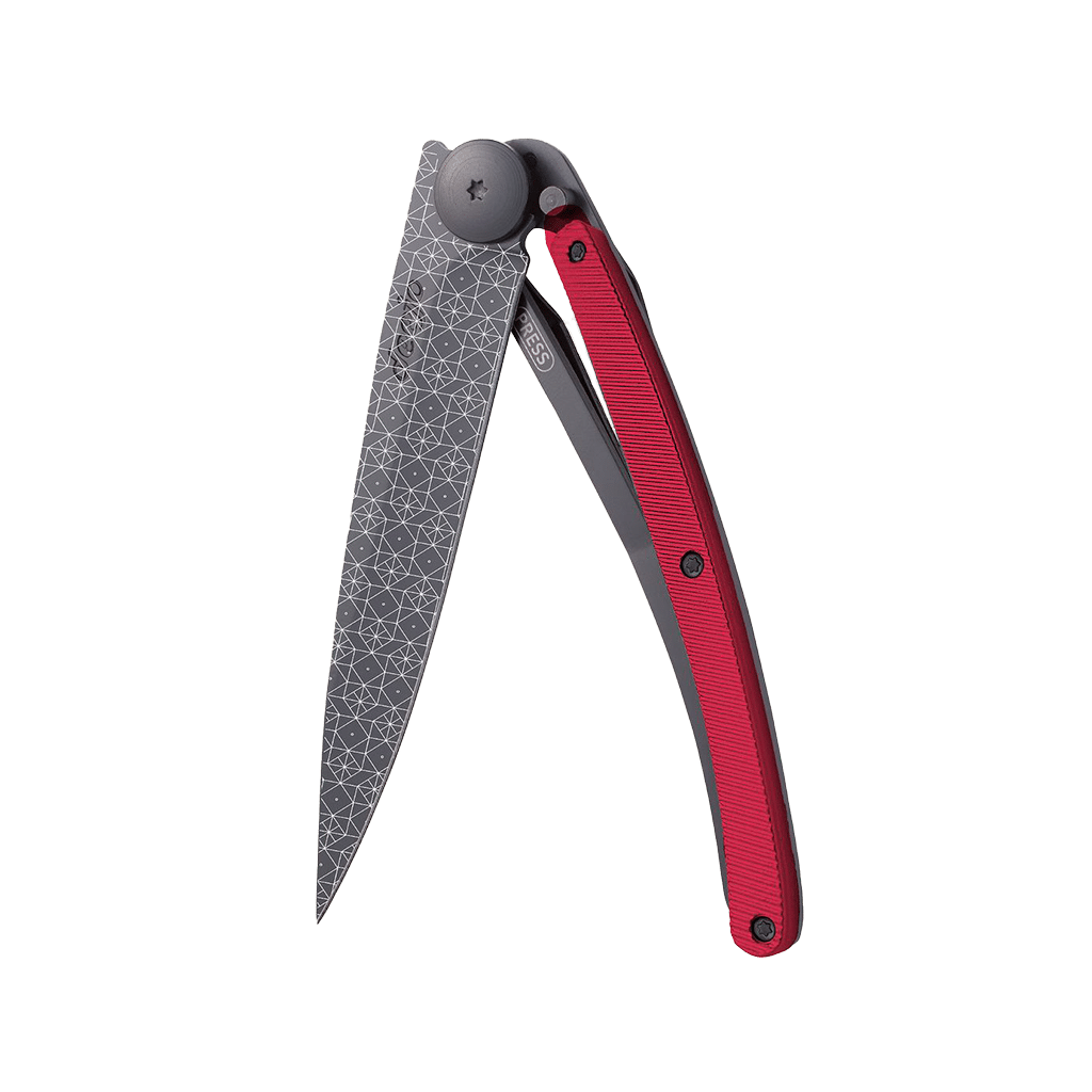 Couteau de poche black aluminium 37g - Rouge - Frise, Deejo, vue de face sur fond blanc