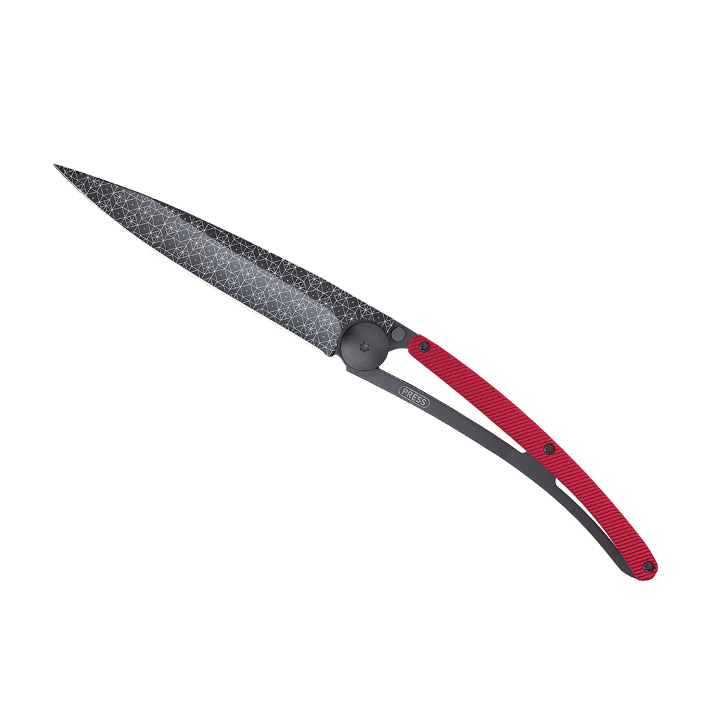Couteau de poche black aluminium 37g - Rouge - Frise, Deejo, vue de face sur fond blanc