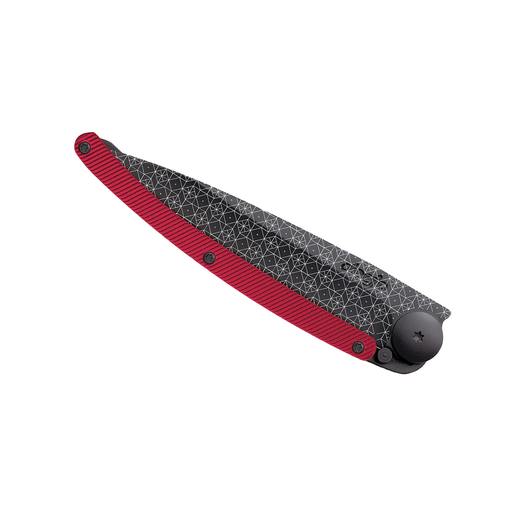 Couteau de poche black aluminium 37g - Rouge - Frise, Deejo, vue de face sur fond blanc