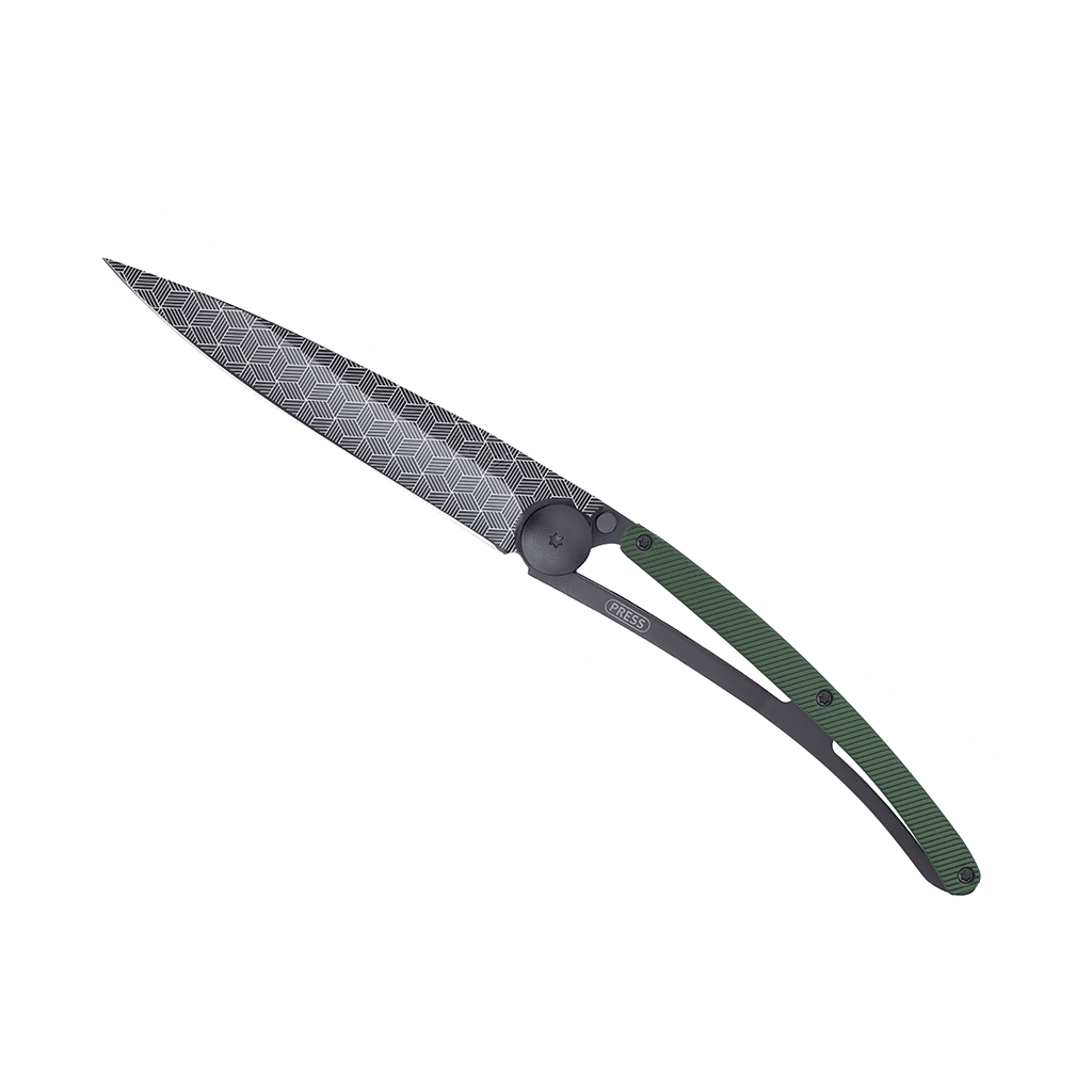 Couteau de poche black aluminium 37g - Kaki - Perspective, Deejo, vue de face sur fond blanc