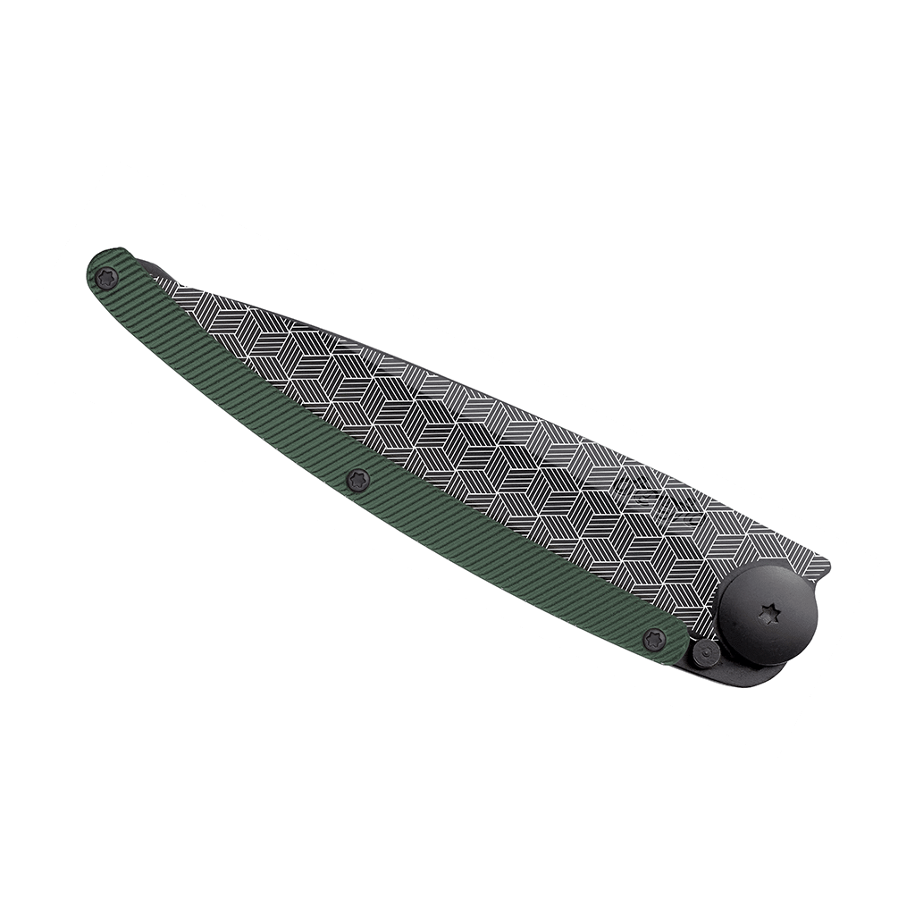 Couteau de poche black aluminium 37g - Kaki - Perspective, Deejo, vue de face sur fond blanc