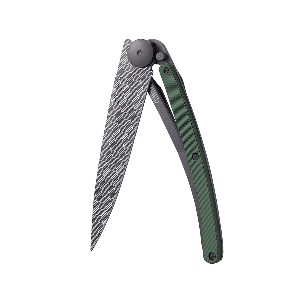 Couteau de poche black aluminium 37g - Kaki - Perspective, Deejo, vue de face sur fond blanc
