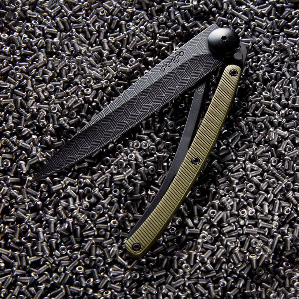 Couteau de poche black aluminium 37g - Kaki - Perspective, Deejo, vue de face