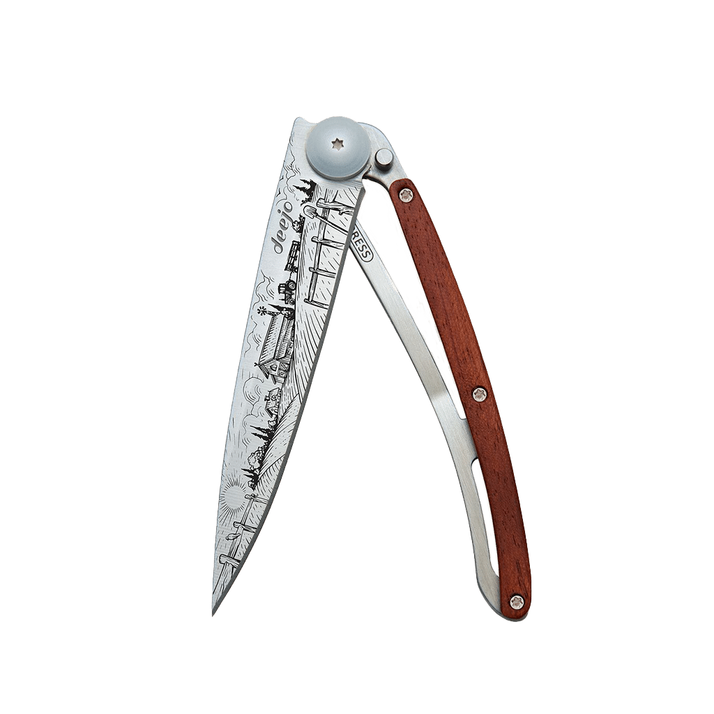 Couteau de poche titane 37g - Bois corail - A la Ferme, Deejo, vue de face sur fond blanc