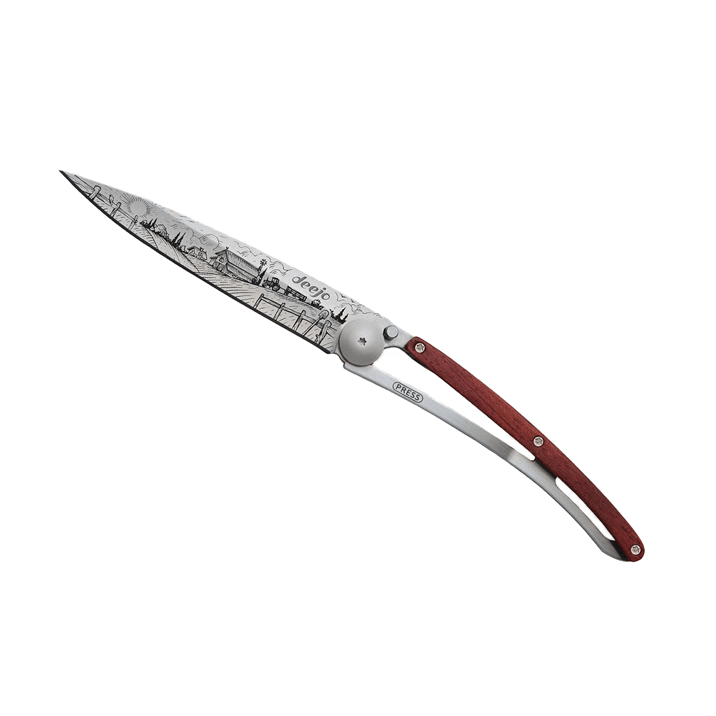 Couteau de poche titane 37g - Bois corail - A la Ferme, Deejo, vue de face sur fond blanc