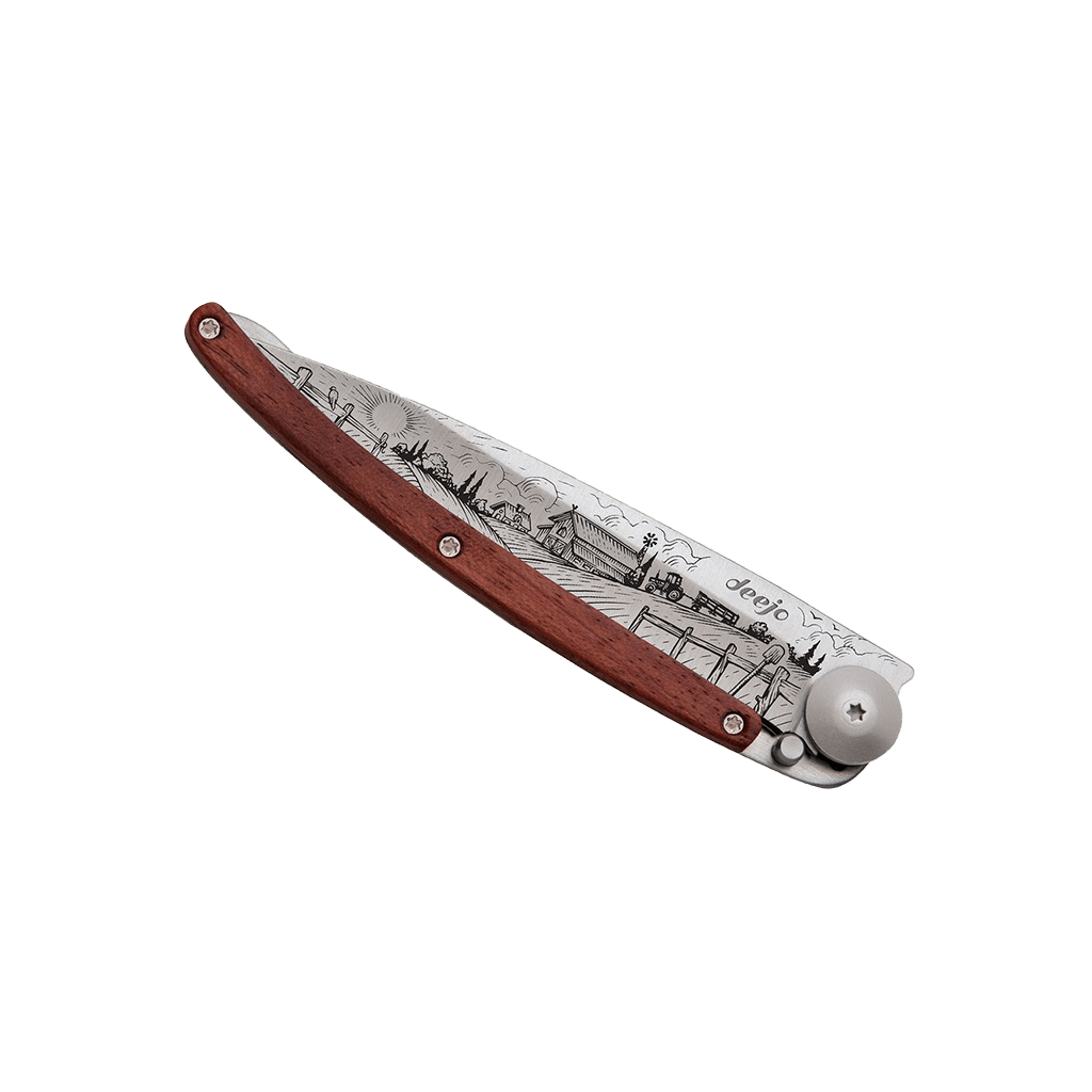 Couteau de poche titane 37g - Bois corail - A la Ferme, Deejo, vue de face sur fond blanc