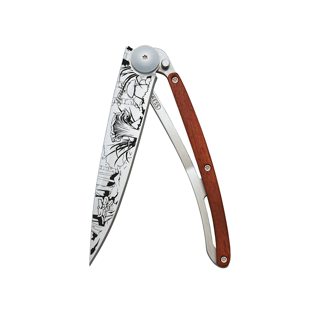 Couteau de poche titane 37g - Bois corail - Champignon, Deejo, vue de face sur fond blanc