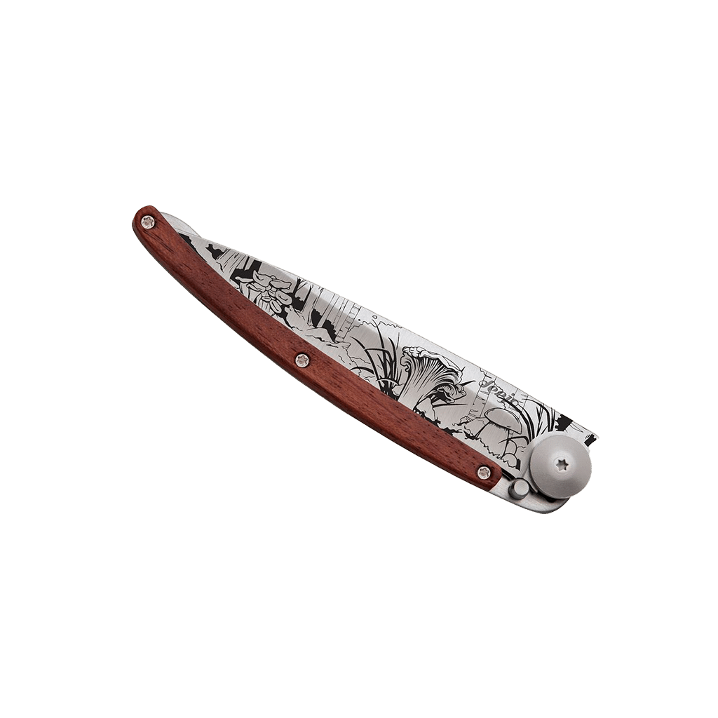 Couteau de poche titane 37g - Bois corail - Champignon, Deejo, vue de face sur fond blanc