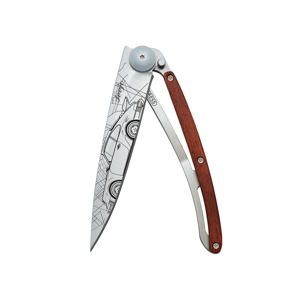 Couteau de poche titane 37g - Bois corail - Young timer, Deejo, vue de face sur fond blanc