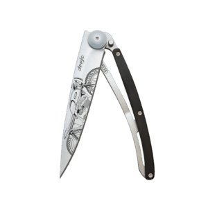 Couteau de poche titane 37g - Ébène - Café racer, Deejo, vue de face sur fond blanc