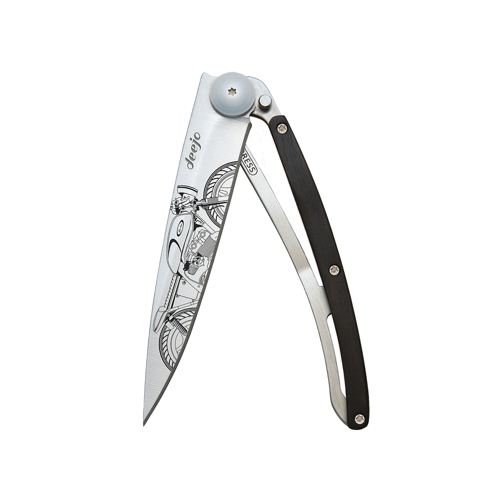 Couteau de poche titane 37g - Ébène - Café racer, Deejo, vue de face sur fond blanc