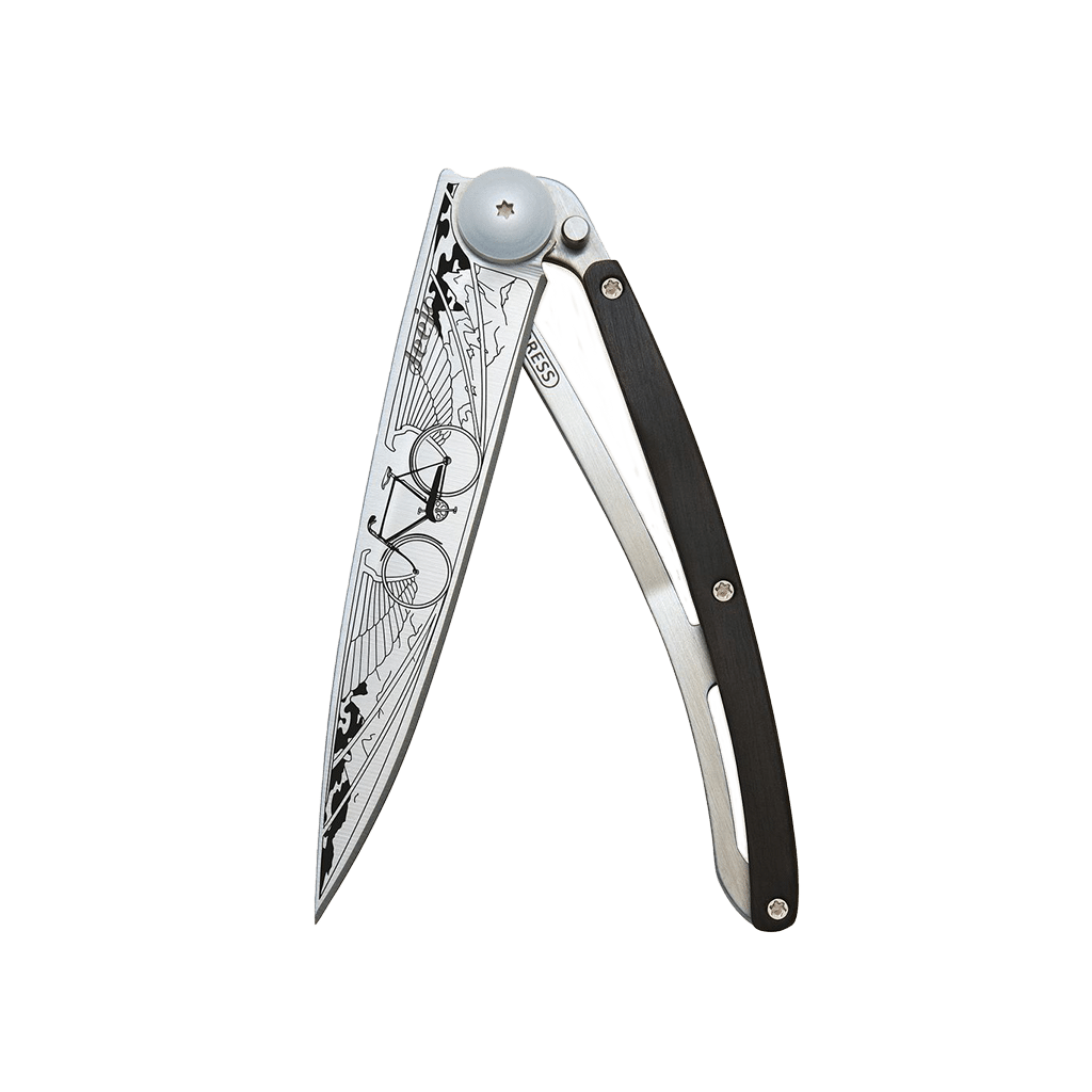 Couteau de poche titane 37g - Ébène - Vélo, Deejo, vue de face sur fond blanc