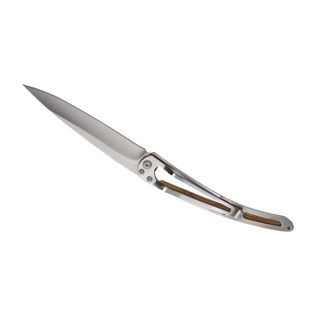Couteau de poche titane 37g - Olivier - Baleine, Deejo, vue de dos sur fond blanc