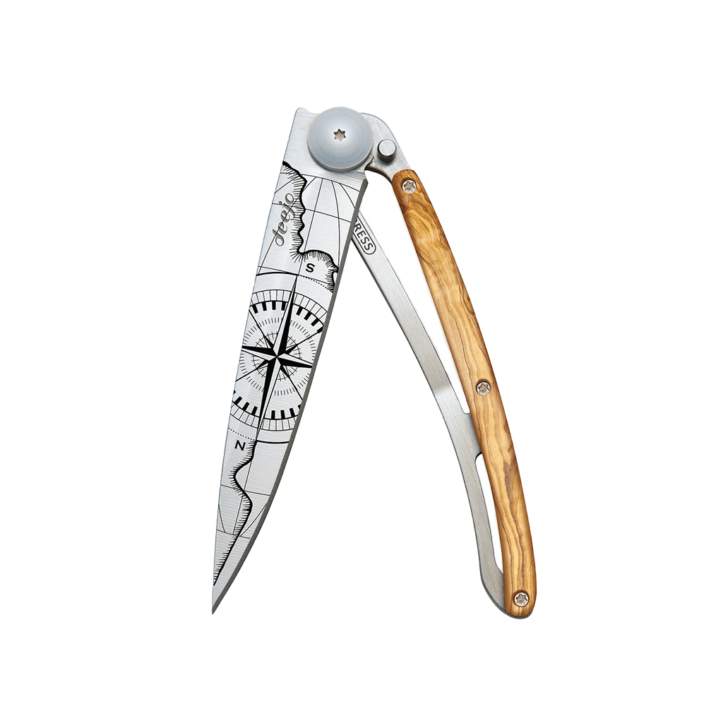 Couteau de poche titane 37g - Olivier - Terra incognita, Deejo, vue de face sur fond blanc