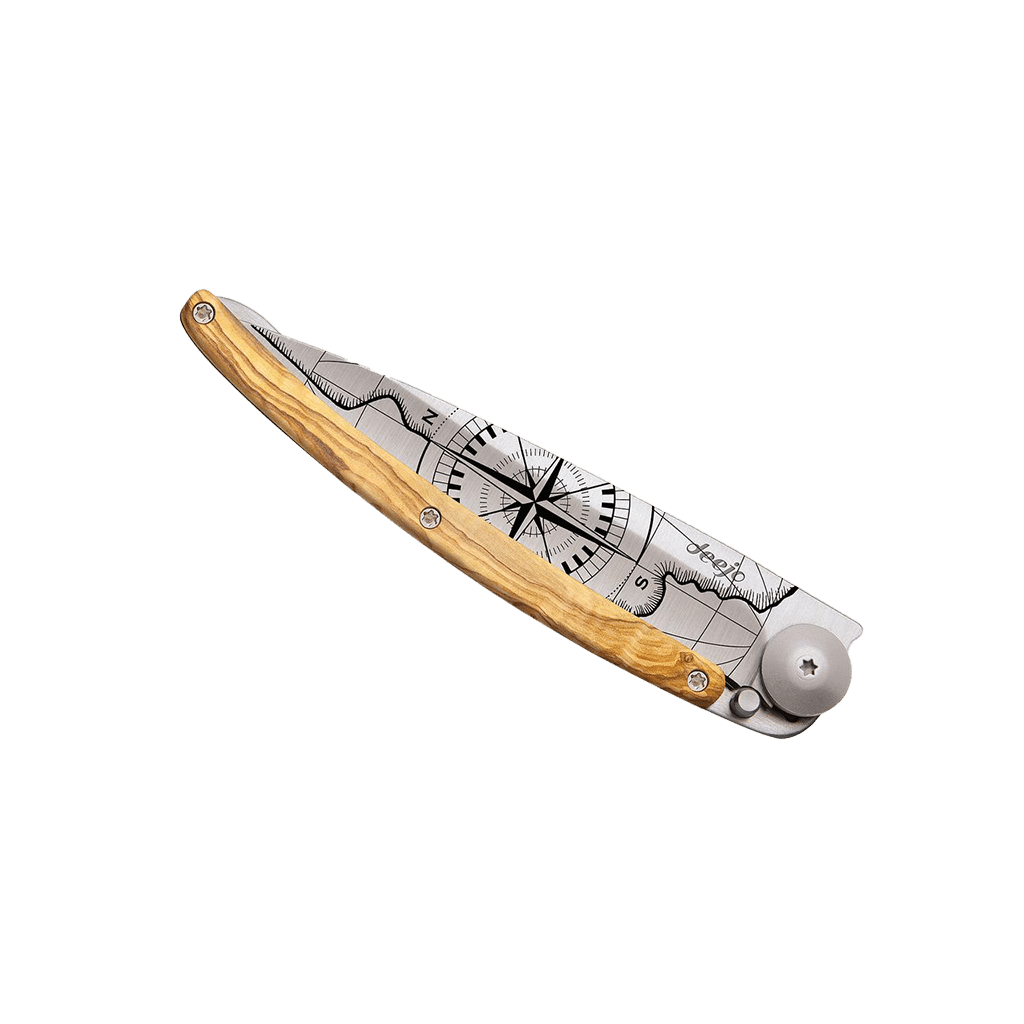 Couteau de poche titane 37g - Olivier - Terra incognita, Deejo, vue de face sur fond blanc