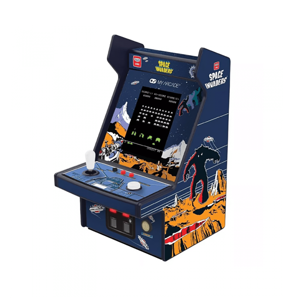 Mini Borne d'Arcade Retro Gaming - Space Invaders, Kubbick, vue de côté sur fond blanc
