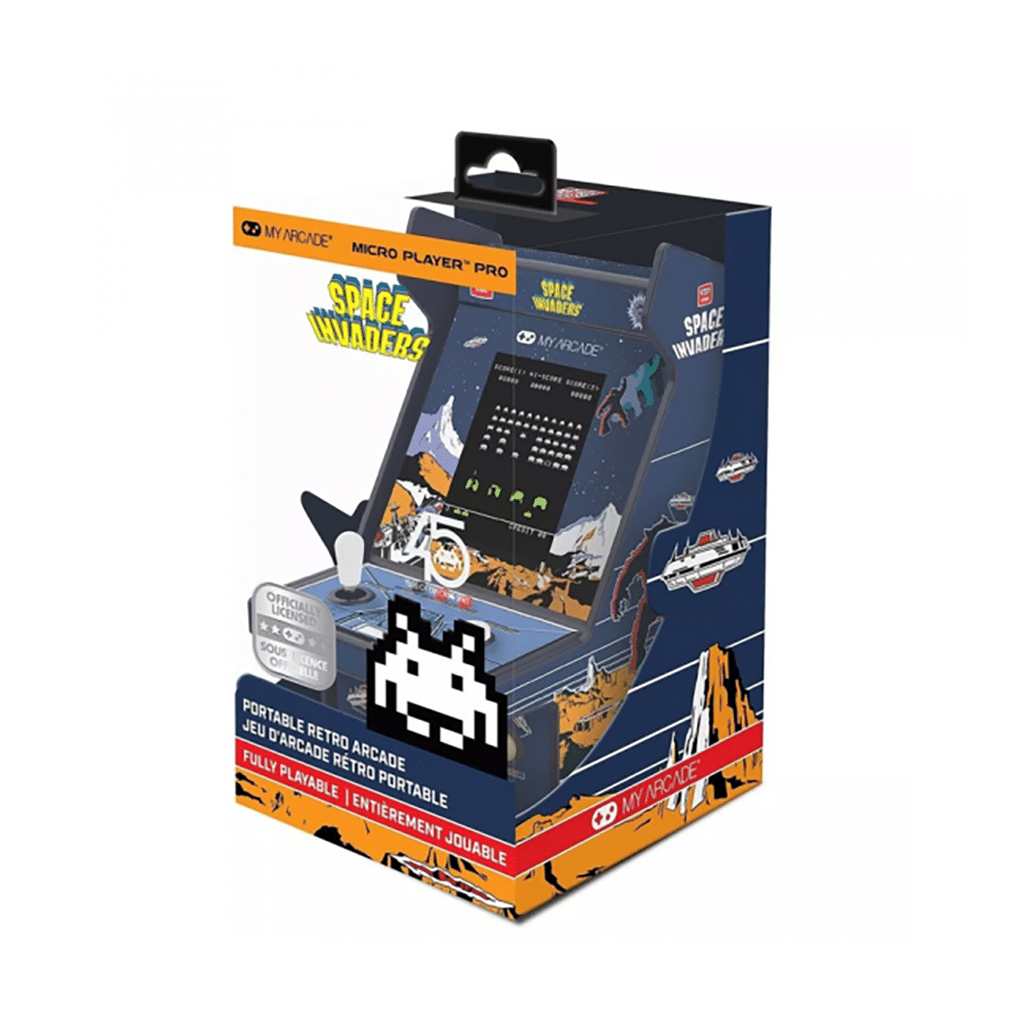 Mini Borne d'Arcade Retro Gaming - Space Invaders, Kubbick, vue de côté sur fond blanc emballé