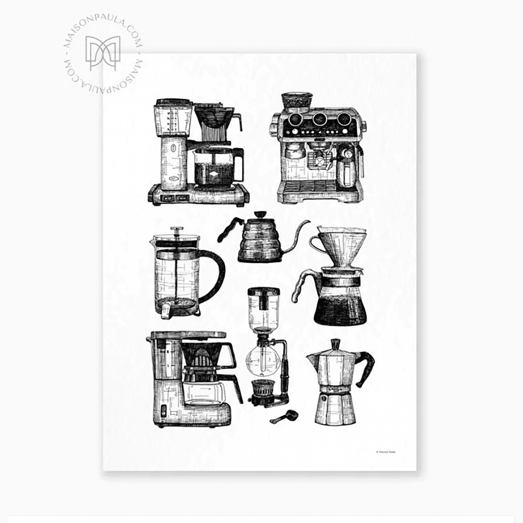 Affiche - Machines À Café : Une Collection de Machines à Café, Maison Paula, vue de face sur fond blanc