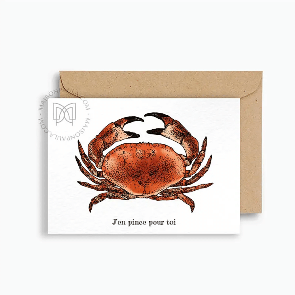 Carte Postale Avec Enveloppe "J'en pince pour toi" de Maison Paula, vue de face sur fond blanc