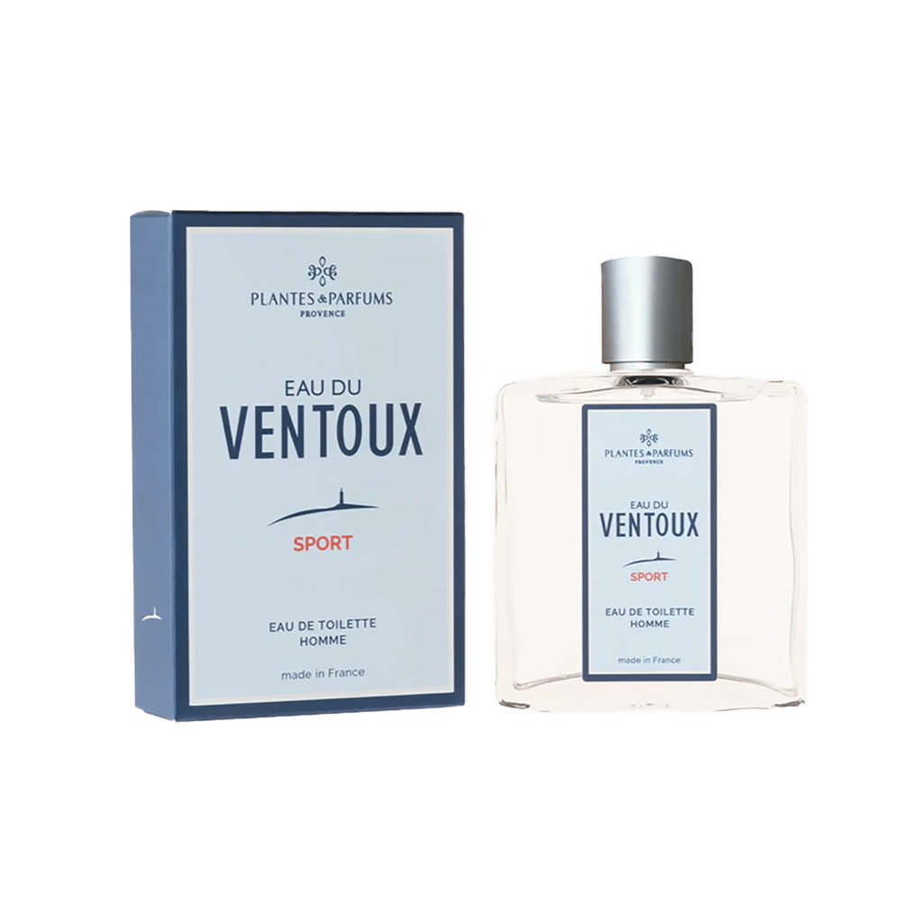 Eau de toilette 100ml - Eau du Ventoux sport : Parfum Tonique et Naturel pour Homme, Plantes & Parfums, vue de face sur fond blanc