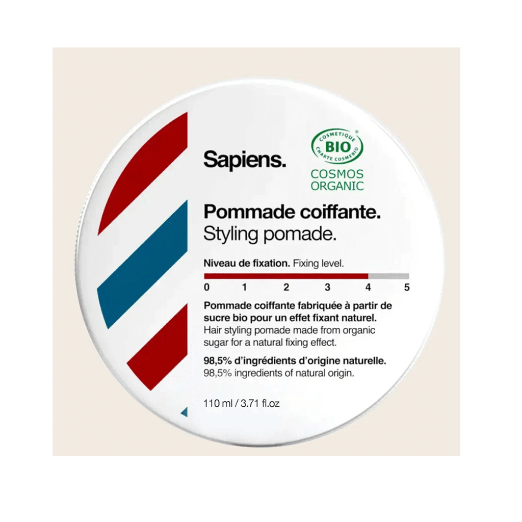 une pommade coiffante bio Sapiens, vue de face sur fond beige