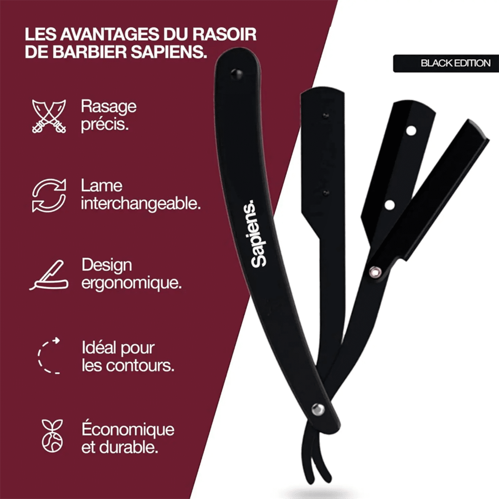 un rasoir de barbier noir Sapiens, vue de face