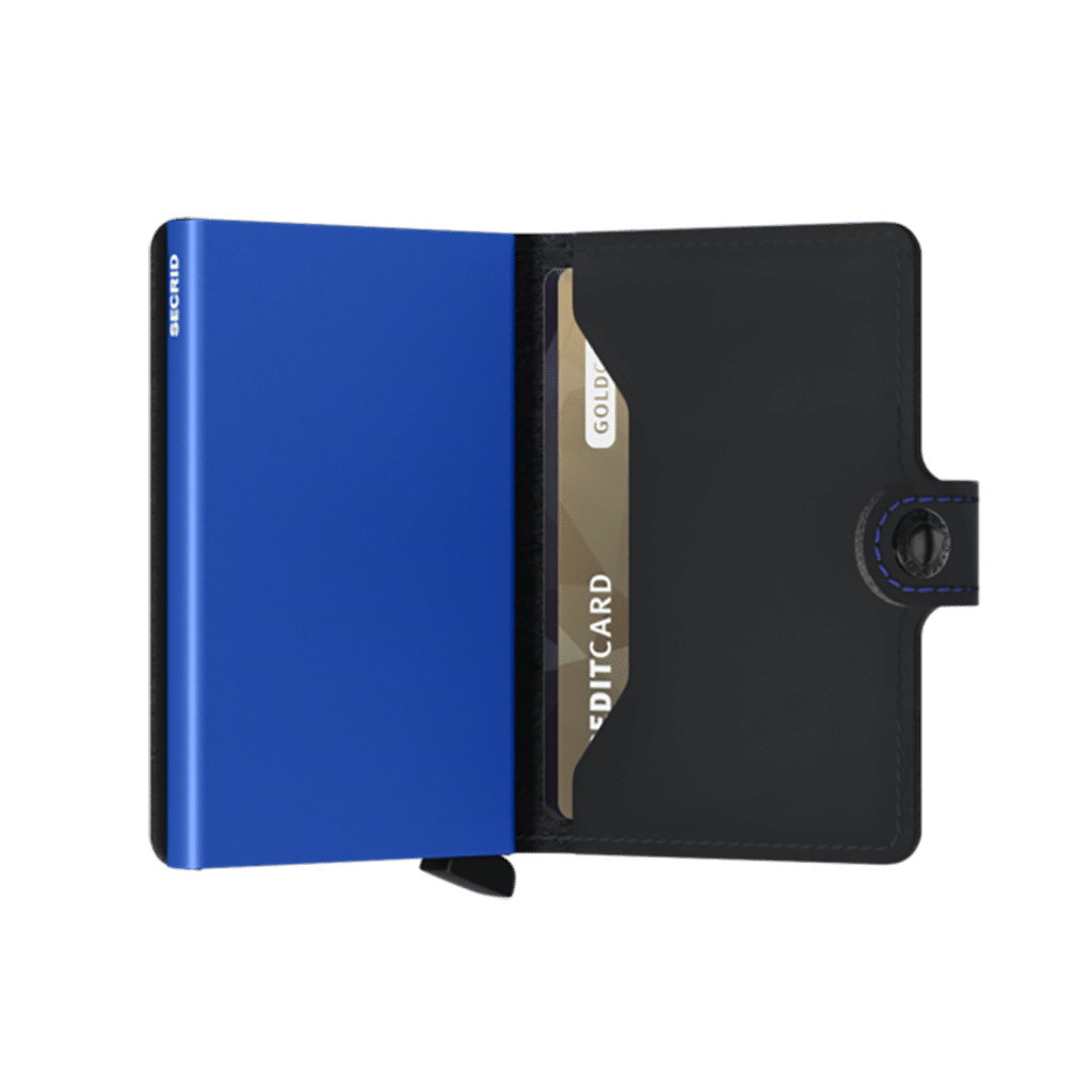 Miniwallet Matte Black & Blue : Élégance et Compacité, Secrid, vue de face ouvert sur fond blanc